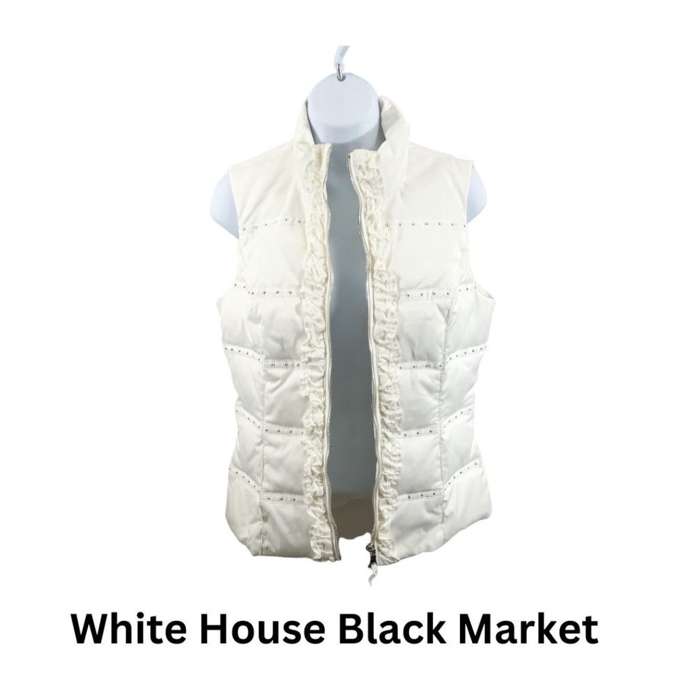 White House Black Market White Ruffle Sleeveless Zip Up Puffer Vest Size…